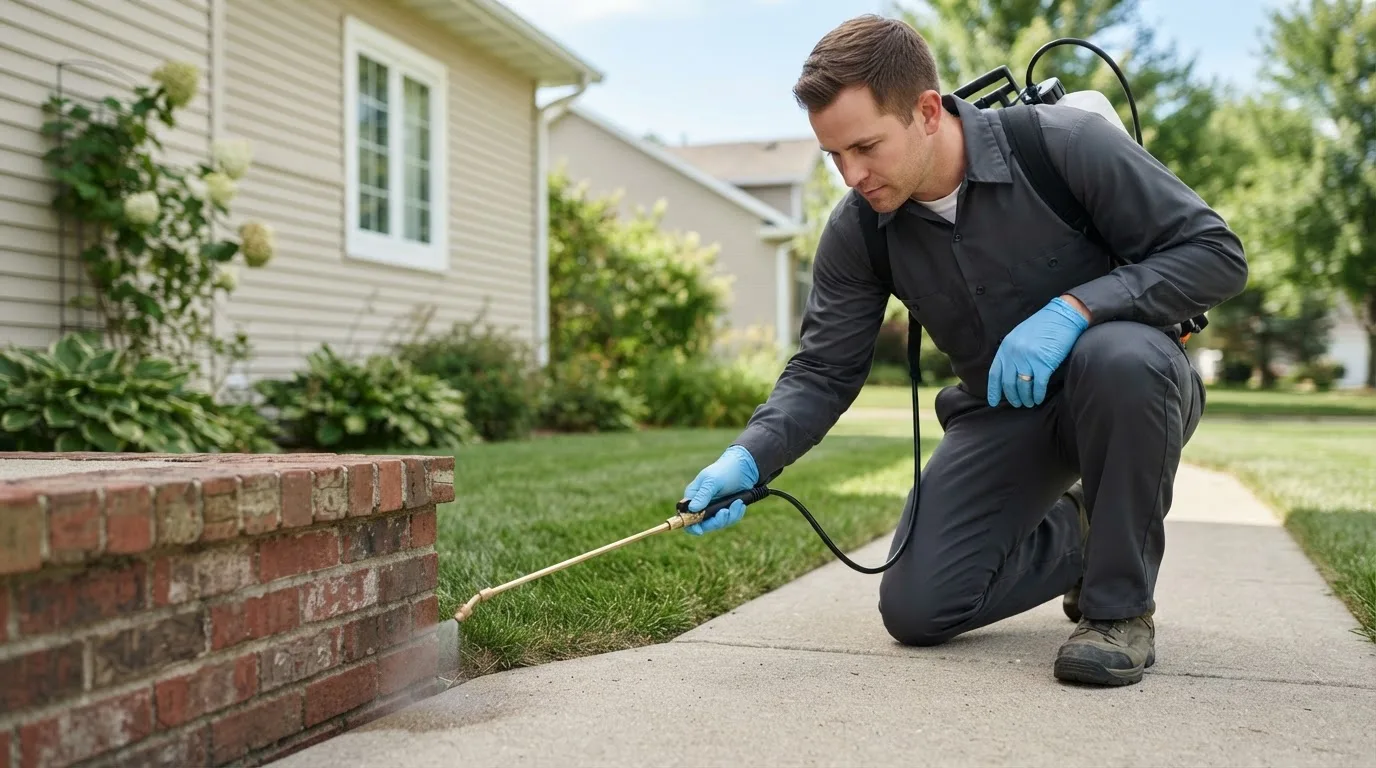 Pest control technician treating a home near Keota, IA