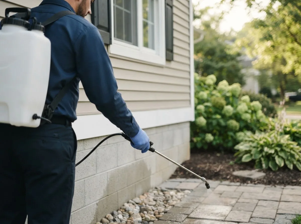 Pest control technician inspecting a home in Keota, IA